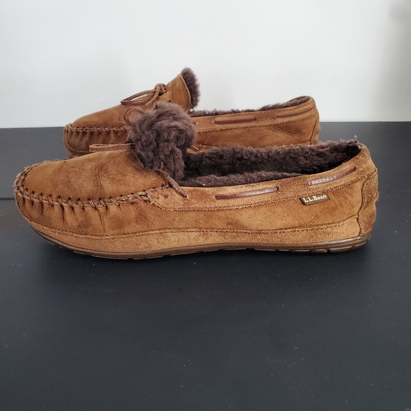 L.L.Bean Shoes Wicked Good Moccasins Slippers Mens 12 Wide Brown Suede Shearling - Picture 1 of 8